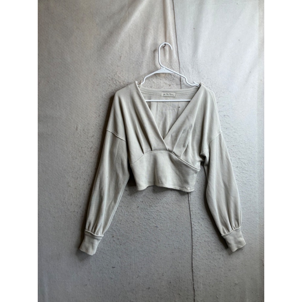 We The Free Free People Cream Waffle Knit Surplice Cropped Thermal Top Small